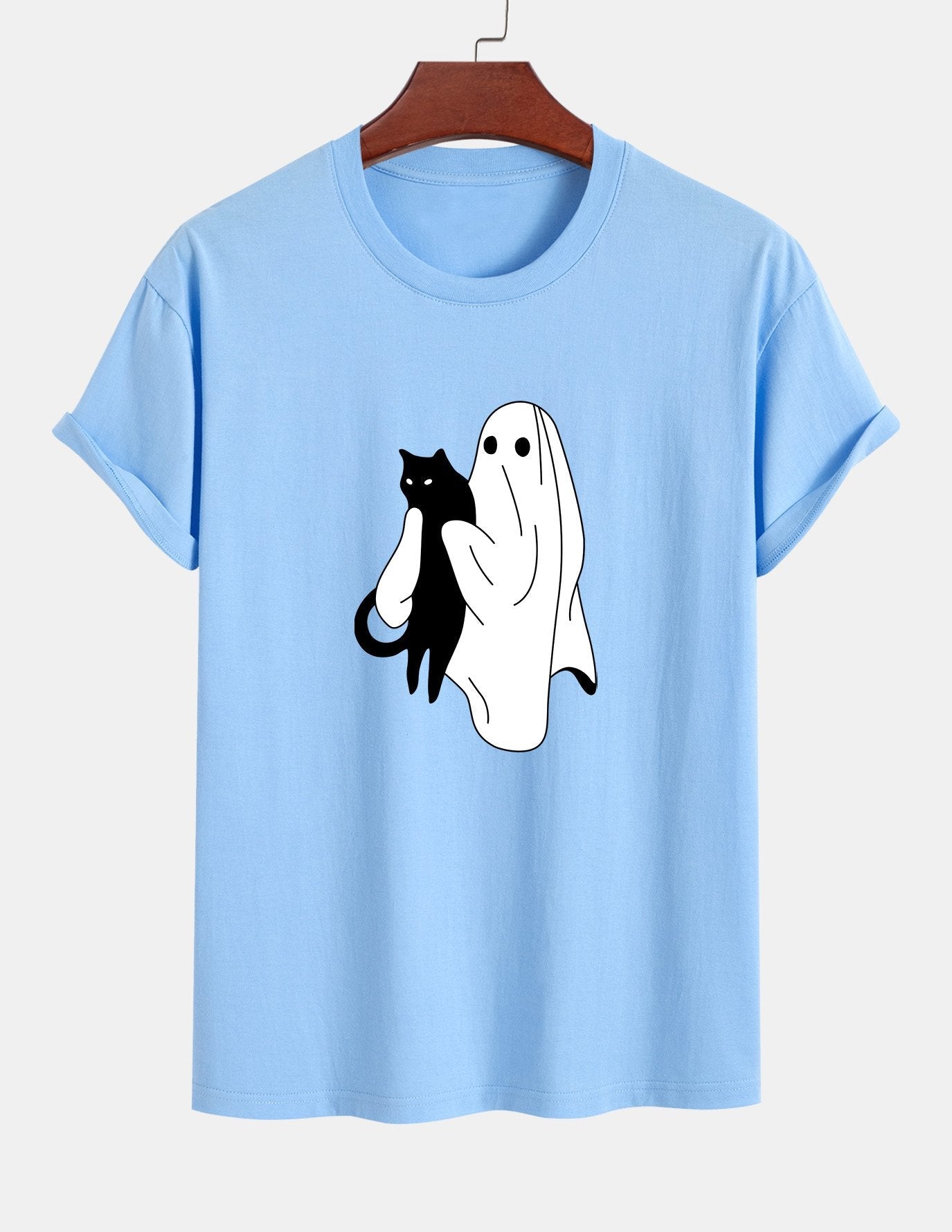 Regular Fit Ghost Black Cat Print Cotton T-Shirt