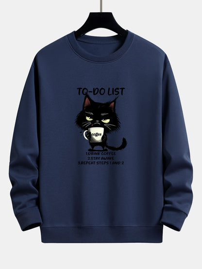 Cat Drinking Coffee Print Relax Fit Sweatshirt