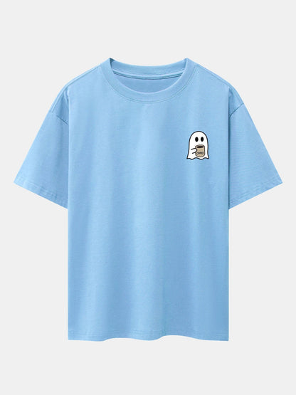 Ghost Drinking Coffee Print Drop Shoulder Oversize T-Shirt