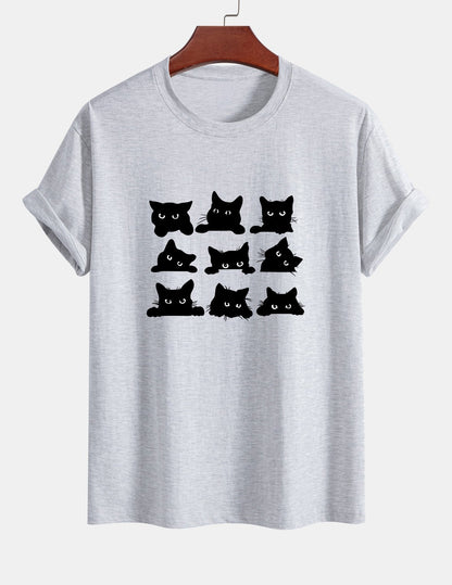 Regular Fit Black Cat Staring Print Cotton T-Shirt