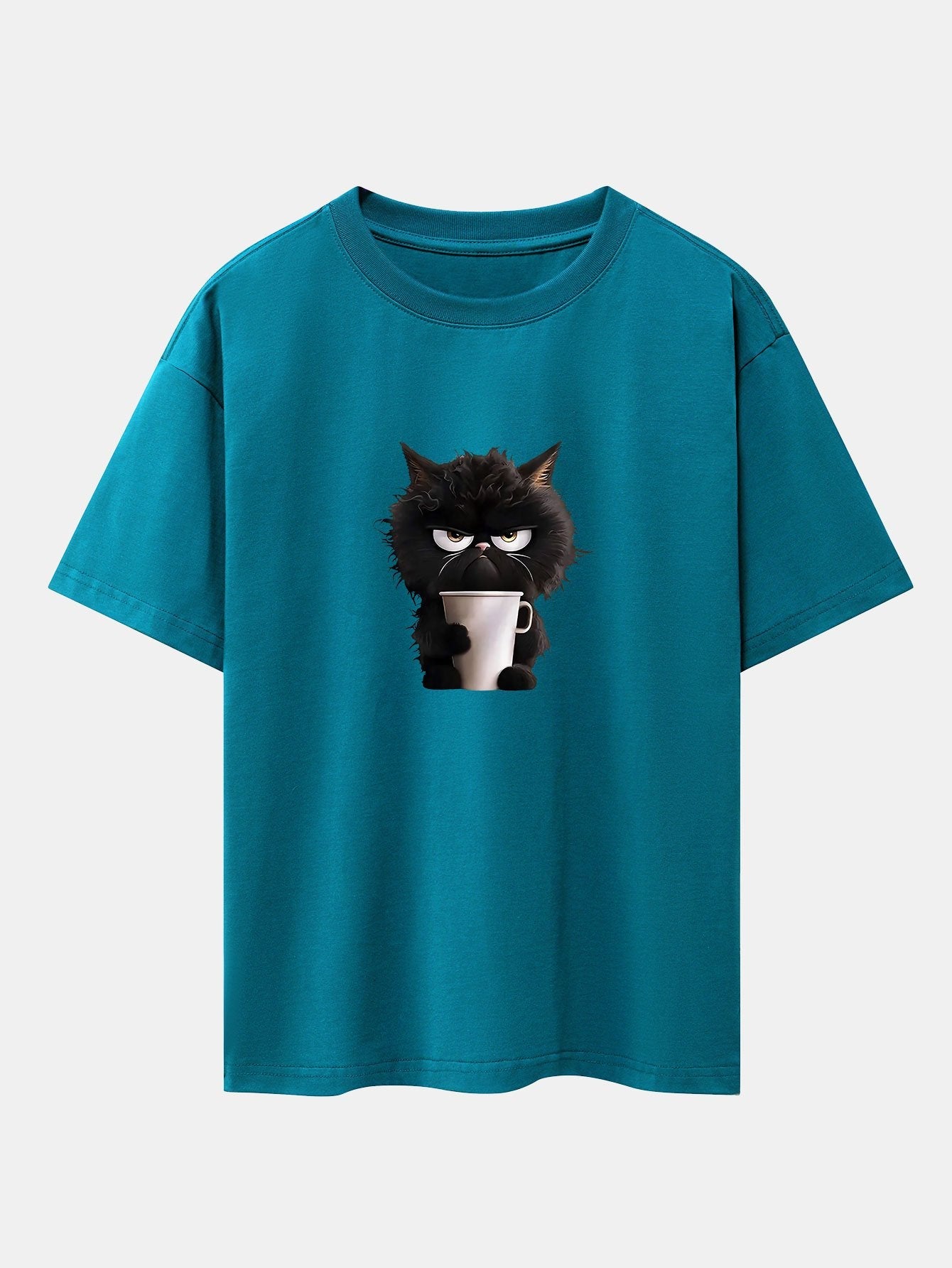 Black Cat Drinking Coffee Print Drop Shoulder Oversize T-Shirt