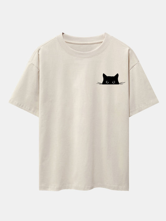 Black Cat Print Drop Shoulder Oversize T-Shirt