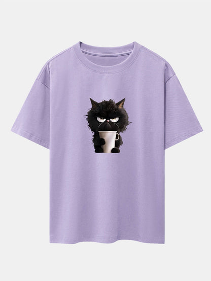 Black Cat Drinking Coffee Print Drop Shoulder Oversize T-Shirt