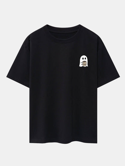 Ghost Drinking Coffee Print Drop Shoulder Oversize T-Shirt