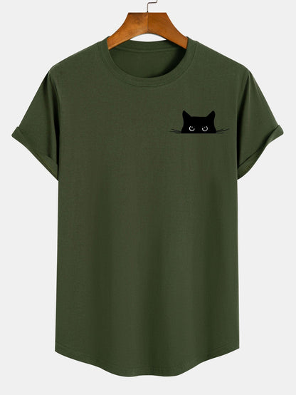 Black Cat Print Cotton Arc Hem T-Shirt