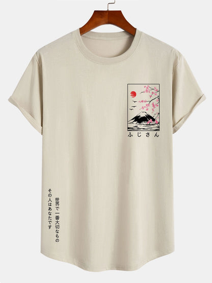 Mount Fuji Slogan Print Cotton Arc Hem T-Shirt