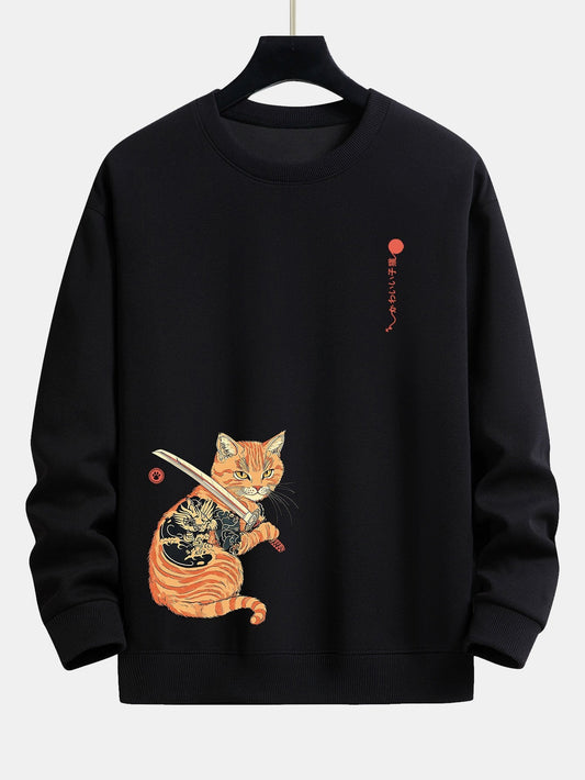 Samurai Warrior Cat Print Relax Fit Sweatshirt