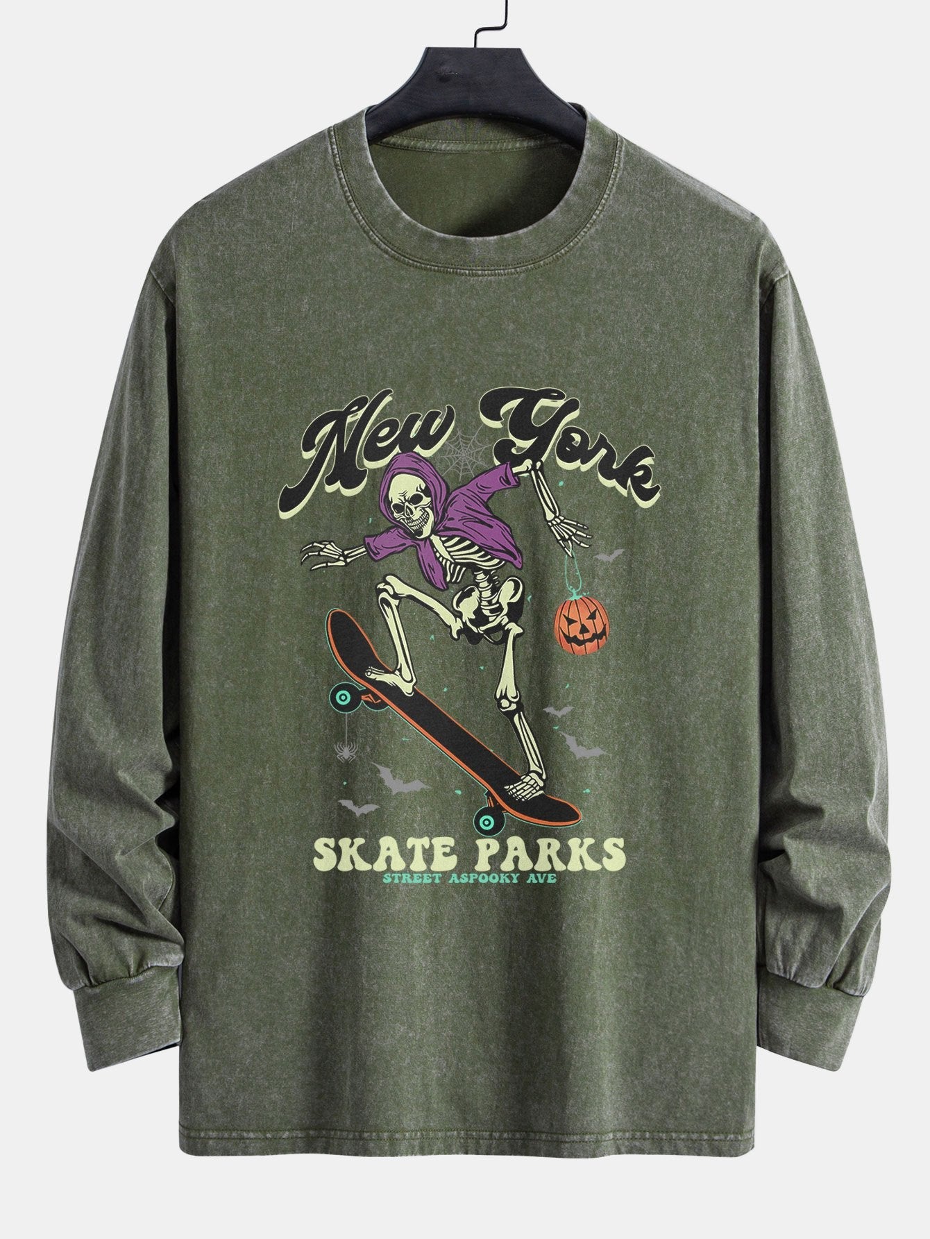 Halloween Skateboard Skeleton Print Relax Fit Long Sleeve Washed Distressed T-Shirt