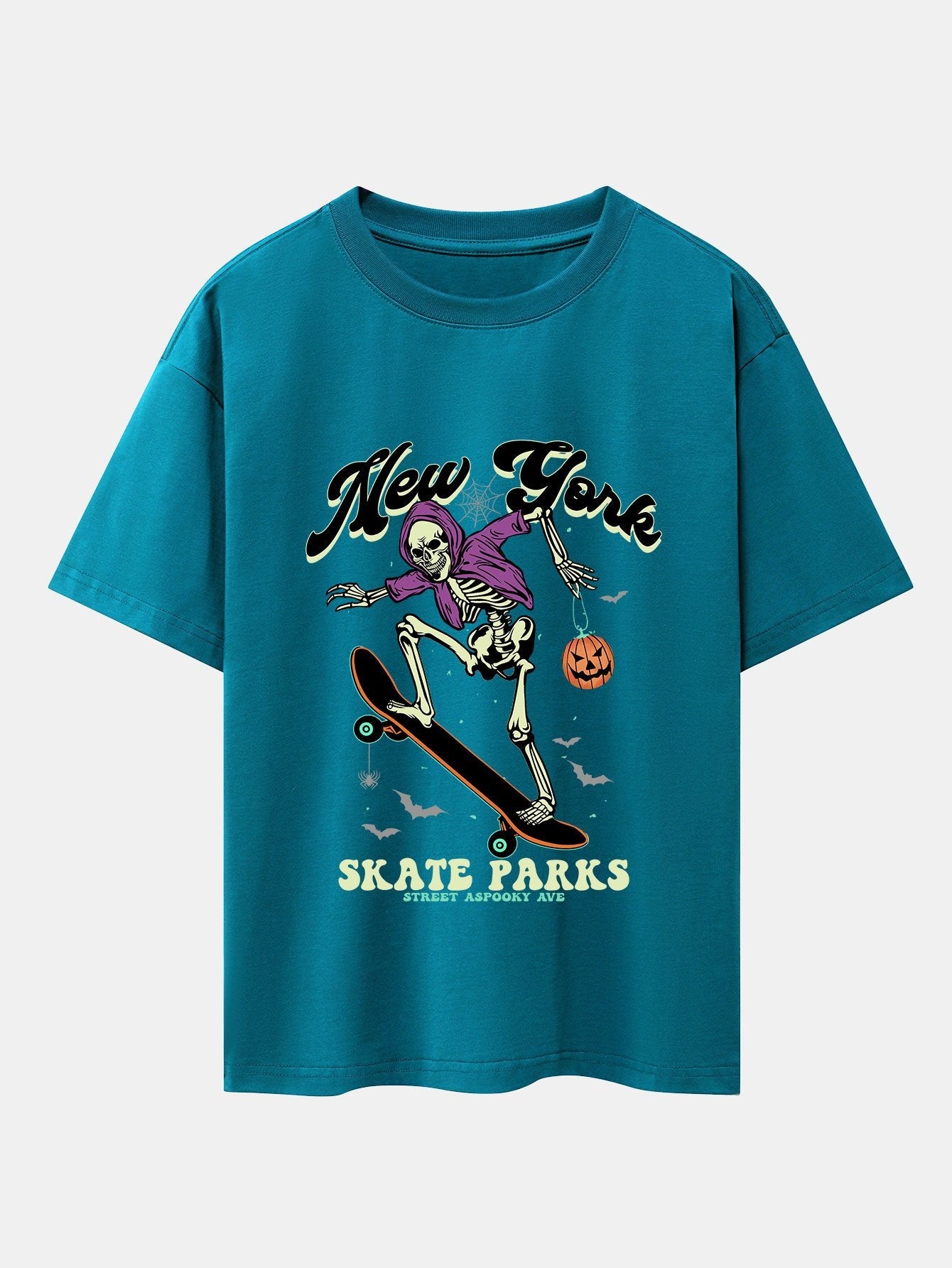 Halloween Skateboard Skeleton Print Drop Shoulder Oversize T-Shirt