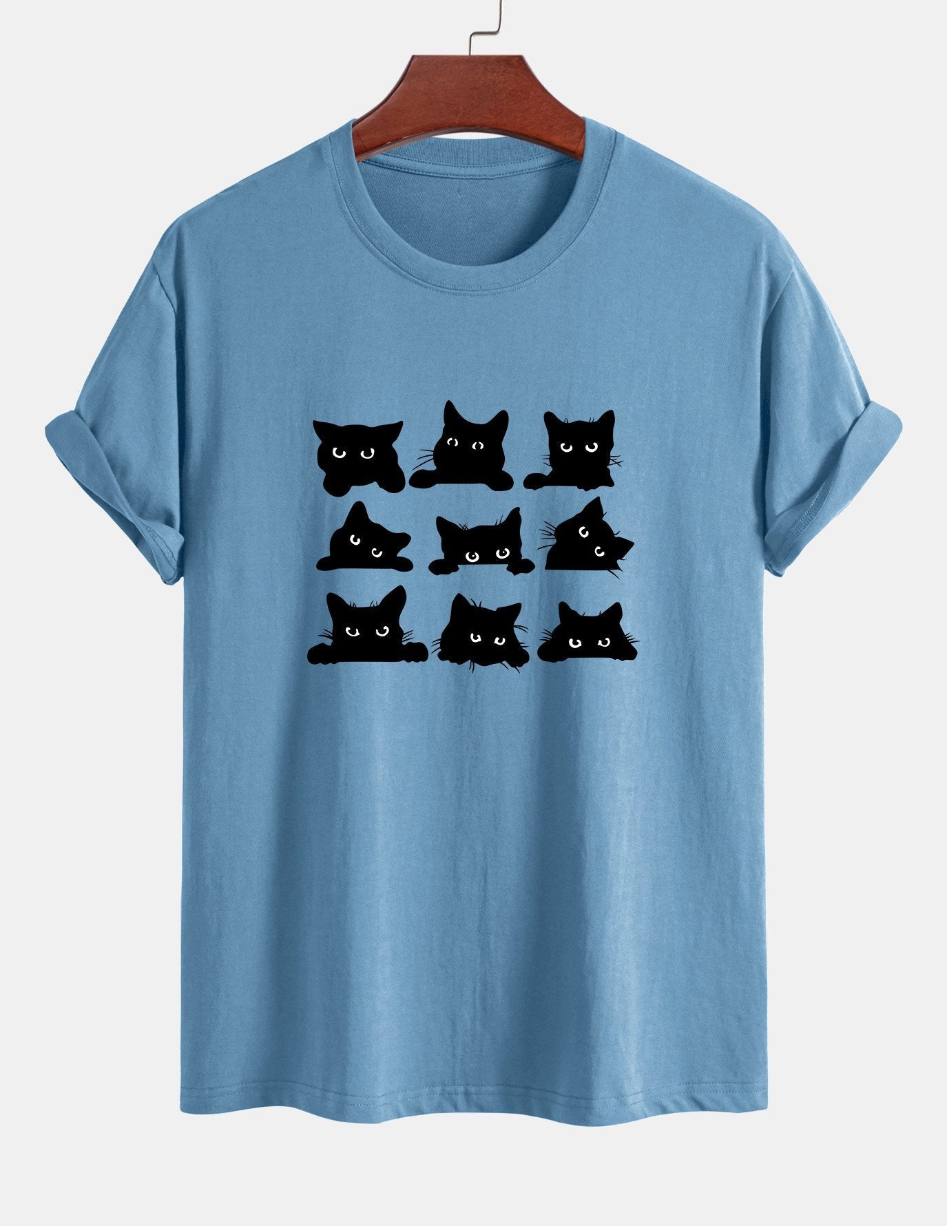 Regular Fit Black Cat Staring Print Cotton T-Shirt