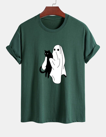 Regular Fit Ghost Black Cat Print Cotton T-Shirt