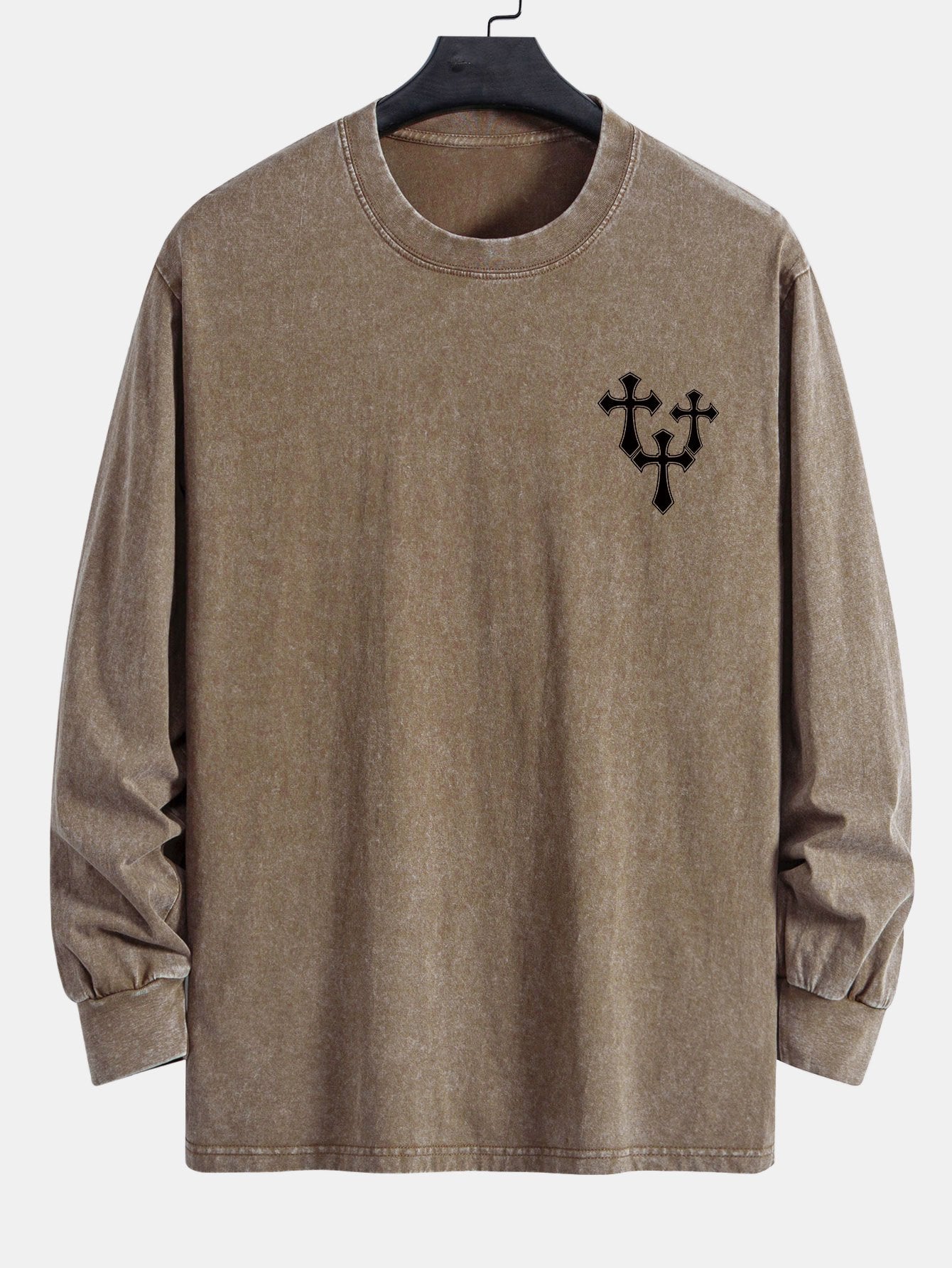 Cross Print Relax Fit Long Sleeve Washed Distressed T-Shirt