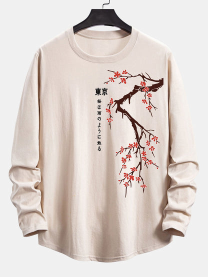 Long Sleeve Cherry Blossoms Print Cotton Arc Hem T-Shirt