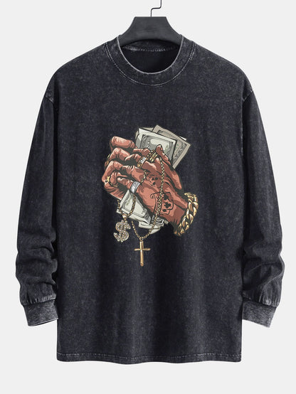 Hand Holding Cash Print Relax Fit Long Sleeve Washed Distressed T-Shirt