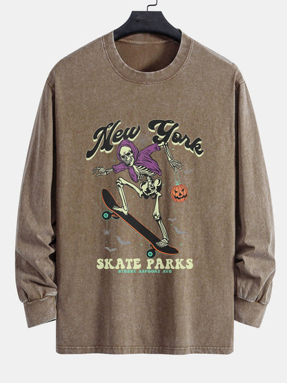 Halloween Skateboard Skeleton Print Relax Fit Long Sleeve Washed Distressed T-Shirt