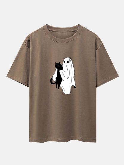 Ghost Black Cat Print Drop Shoulder Oversize T-Shirt