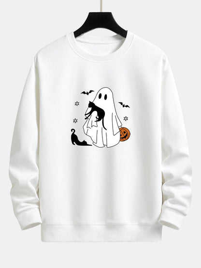 Halloween Ghost Black Cat Print Relax Fit Sweatshirt