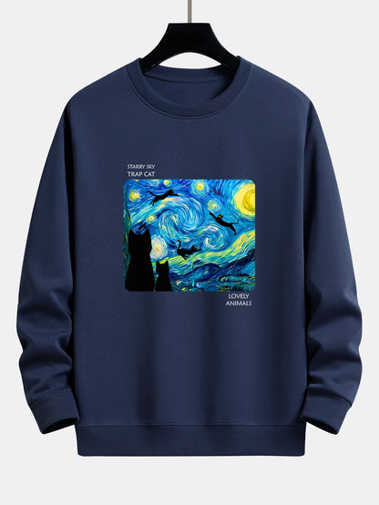 Starry Sky Cat Print Relax Fit Sweatshirt