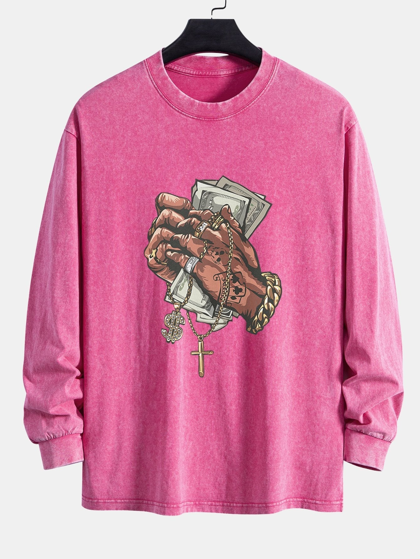 Hand Holding Cash Print Relax Fit Long Sleeve Washed Distressed T-Shirt