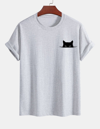 Regular Fit Black Cat Print Cotton T-Shirt