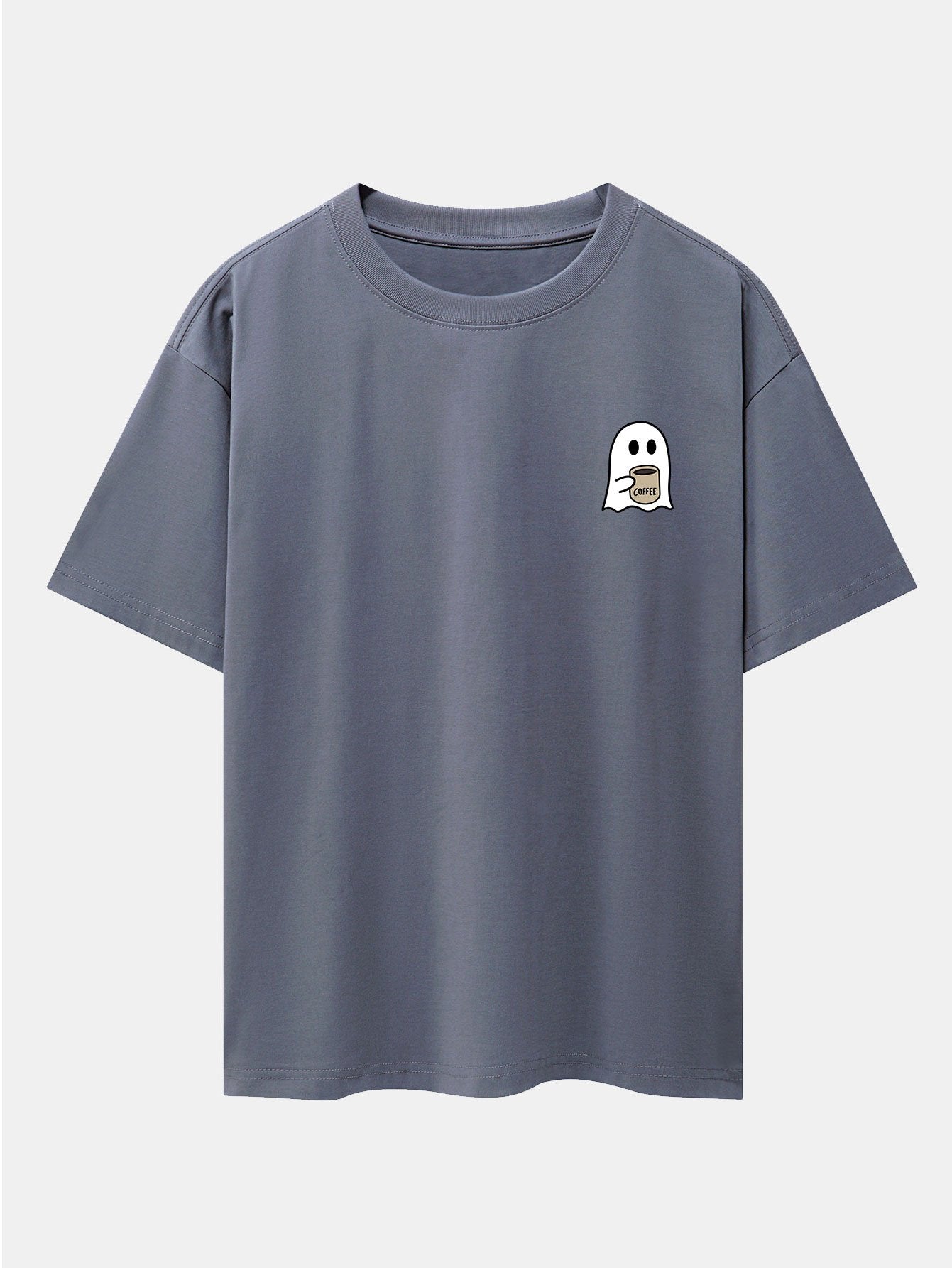 Ghost Drinking Coffee Print Drop Shoulder Oversize T-Shirt