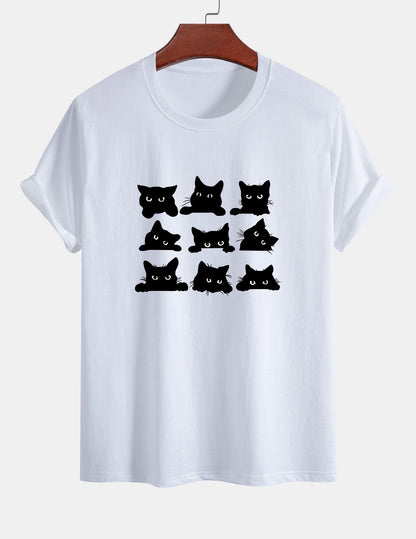 Regular Fit Black Cat Staring Print Cotton T-Shirt