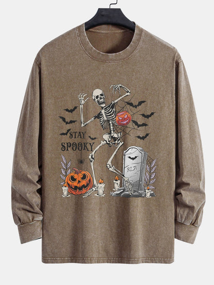 Halloween Skeleton Stay Spooky Print Relax Fit Long Sleeve Washed Distressed T-Shirt