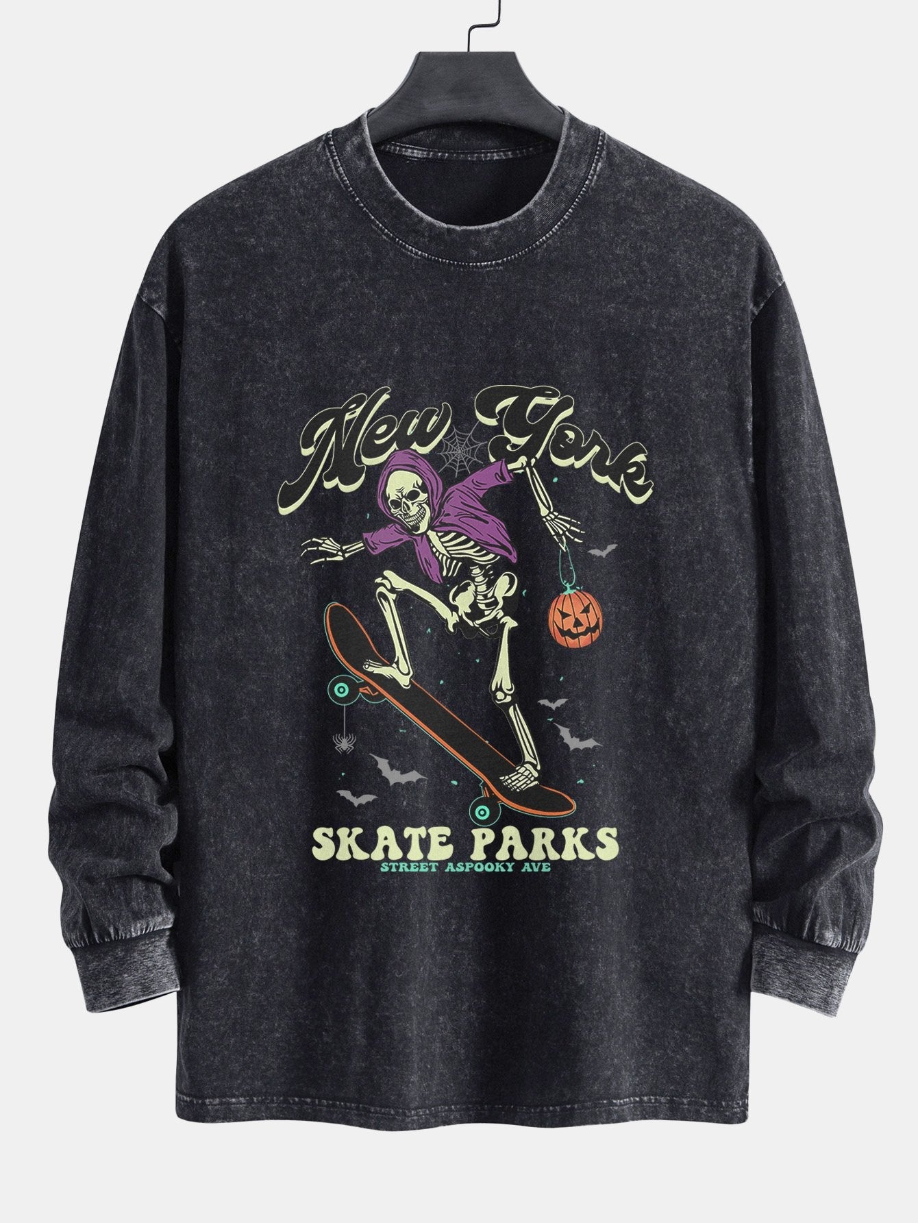 Halloween Skateboard Skeleton Print Relax Fit Long Sleeve Washed Distressed T-Shirt