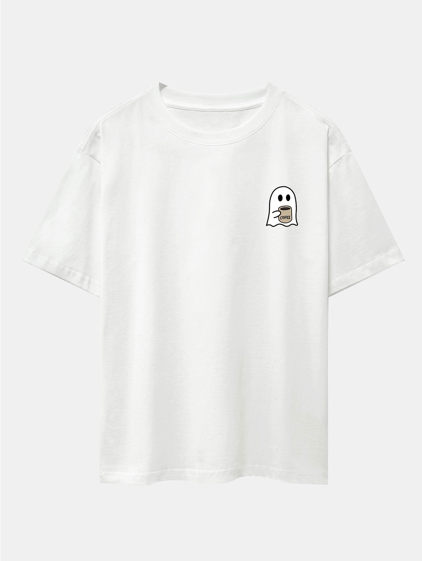 Ghost Drinking Coffee Print Drop Shoulder Oversize T-Shirt