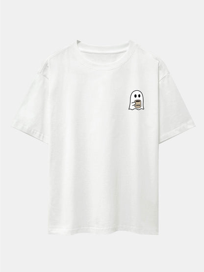 Ghost Drinking Coffee Print Drop Shoulder Oversize T-Shirt