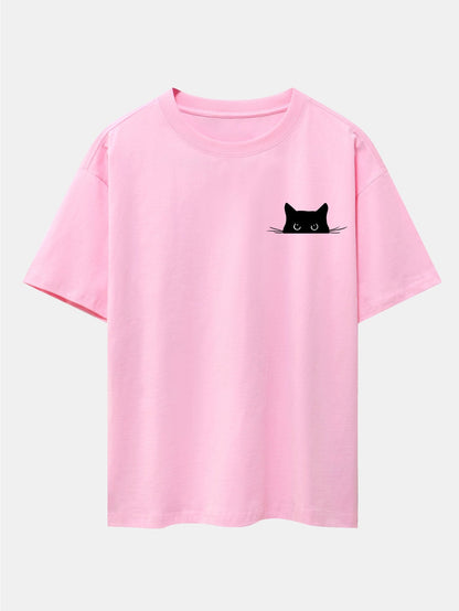 Black Cat Print Drop Shoulder Oversize T-Shirt