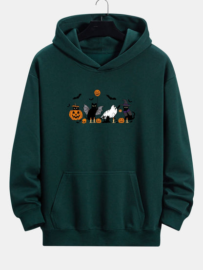 Halloween Pumpkin Black Cat Print Relax Fit Hoodie