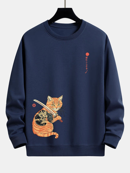 Samurai Warrior Cat Print Relax Fit Sweatshirt