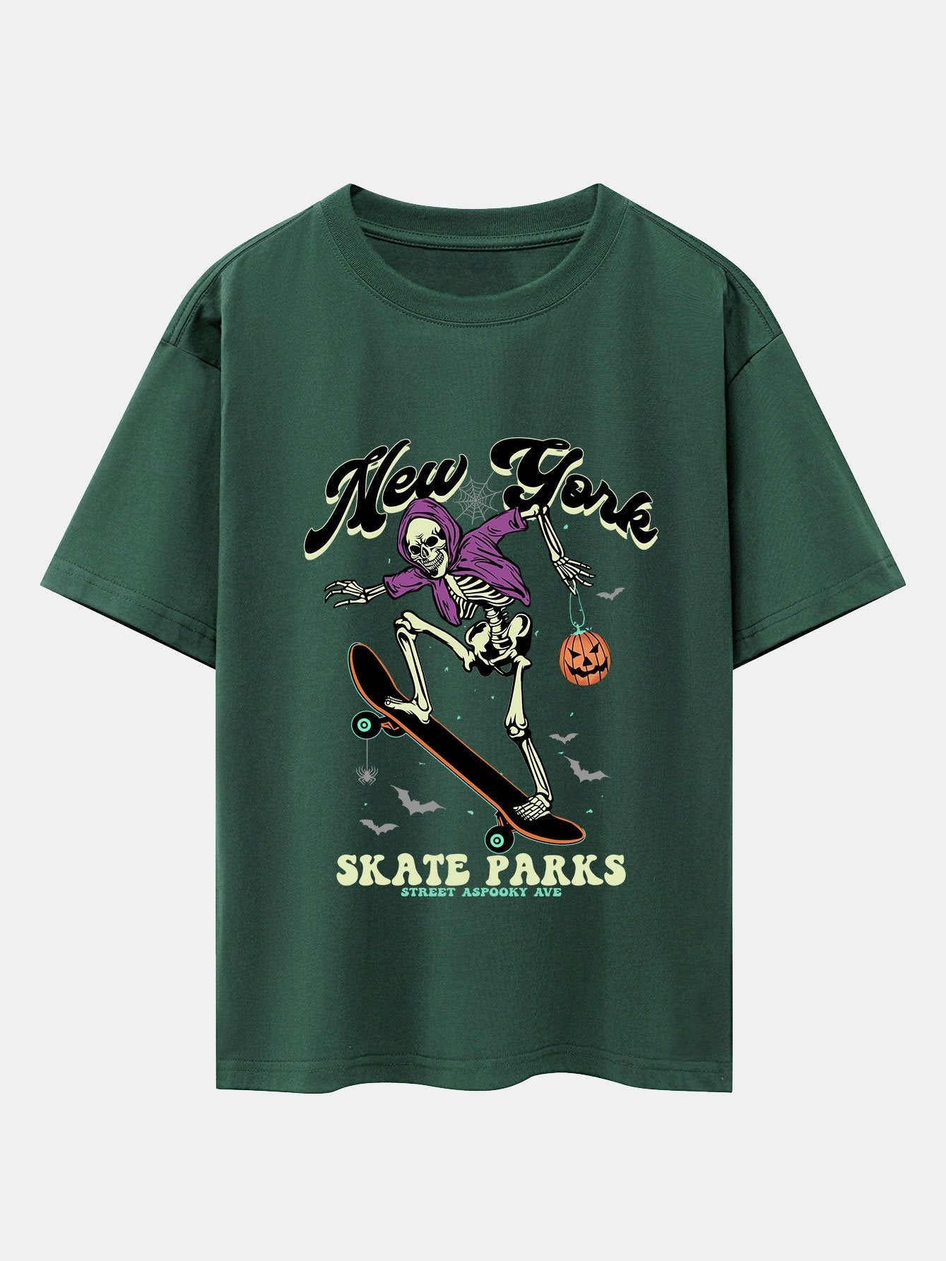 Halloween Skateboard Skeleton Print Drop Shoulder Oversize T-Shirt