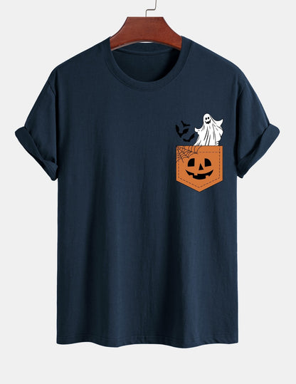 Regular Fit Pocket Pumpkin Ghost Print Cotton T-Shirt