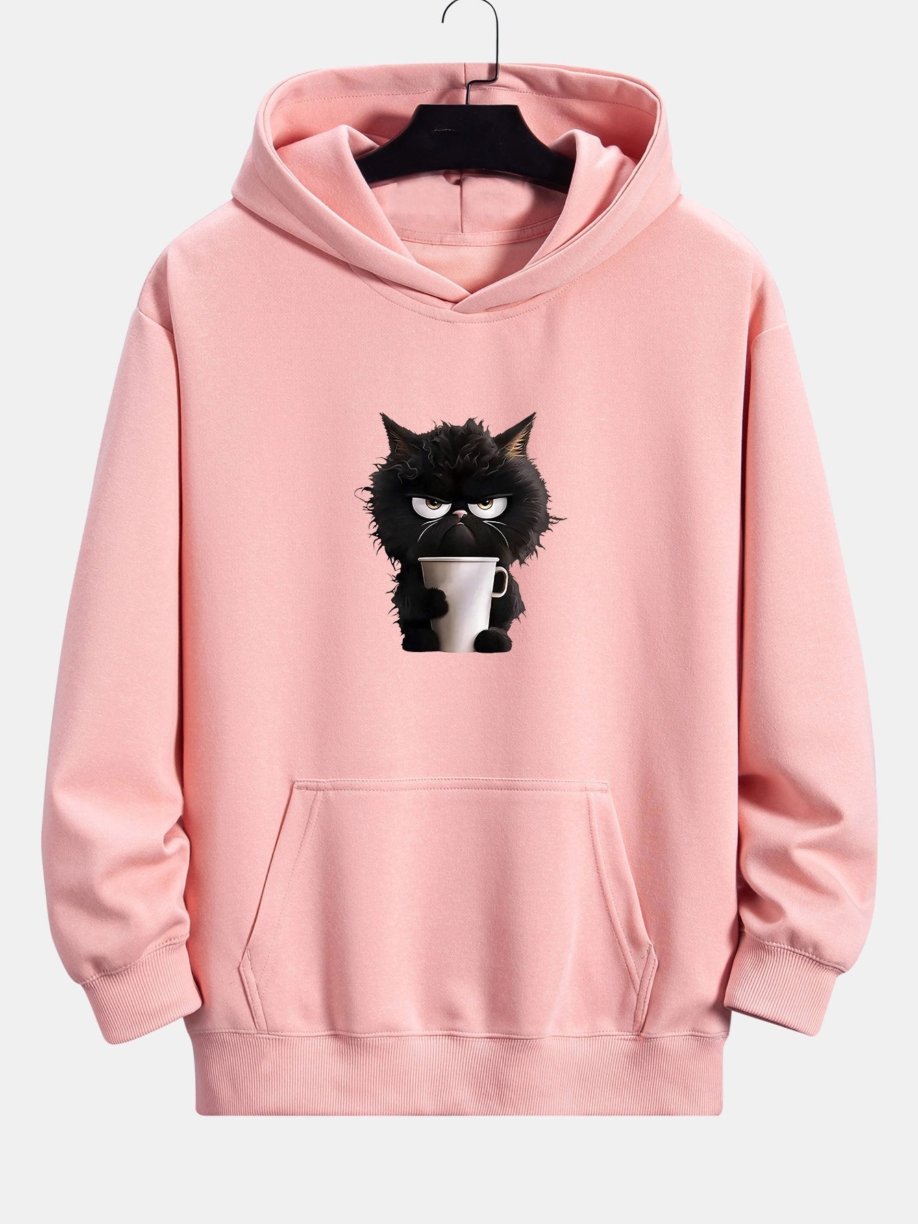 Black Cat Drinking Coffee Print Relax Fit Hoodie