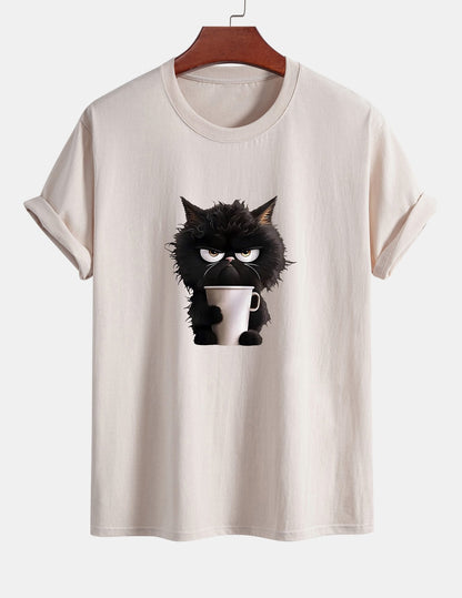 Regular Fit Black Cat Drinking Coffee Print Cotton T-Shirt