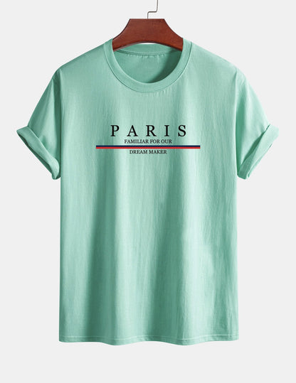 Regular Fit Stripe Paris Slogan Print Cotton T-Shirt