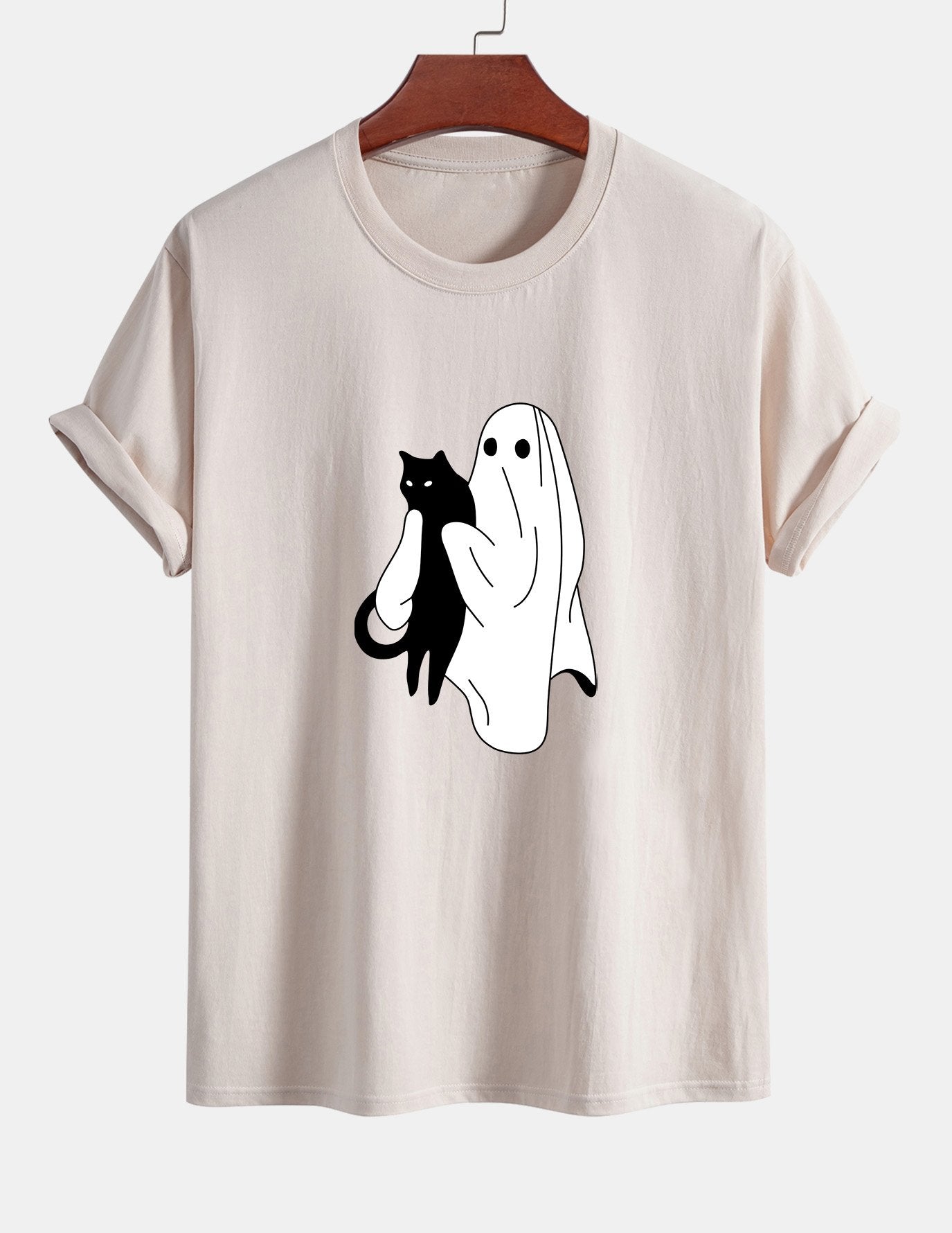 Regular Fit Ghost Black Cat Print Cotton T-Shirt