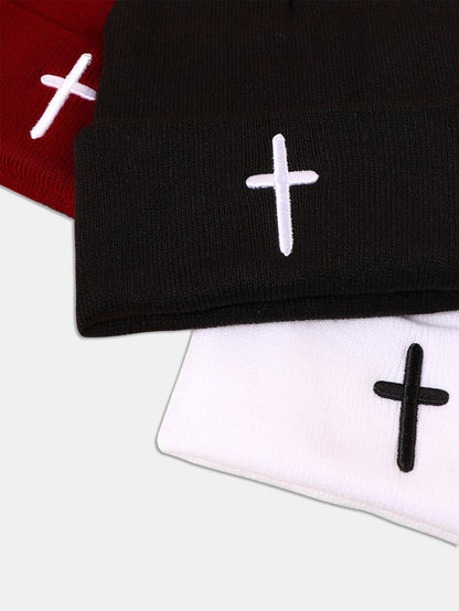 3D Cross Embroidered Pattern Flanged Knitted Hat