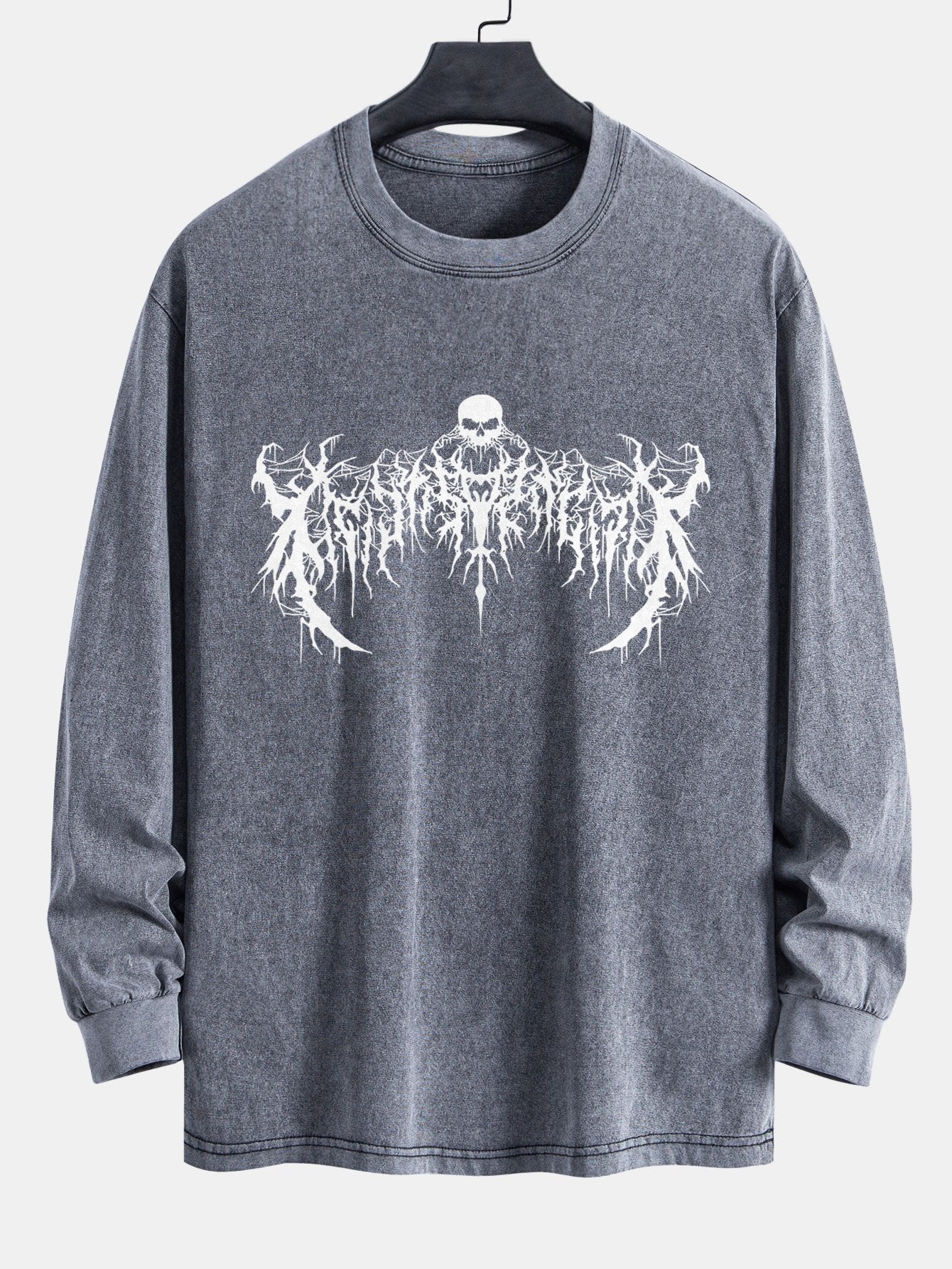 Gothic Skull Print Relax Fit Long Sleeve Washed Distressed T-Shirt