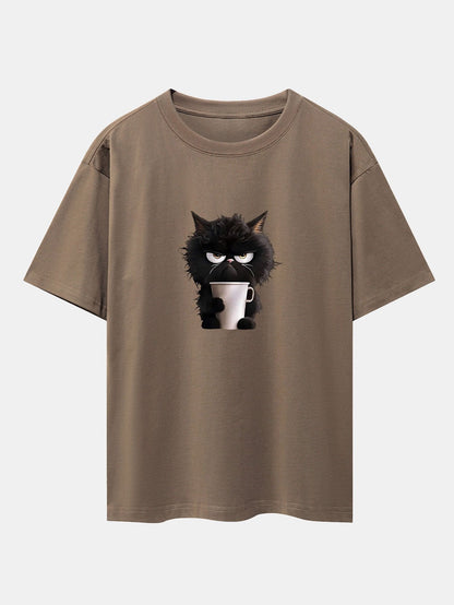 Black Cat Drinking Coffee Print Drop Shoulder Oversize T-Shirt