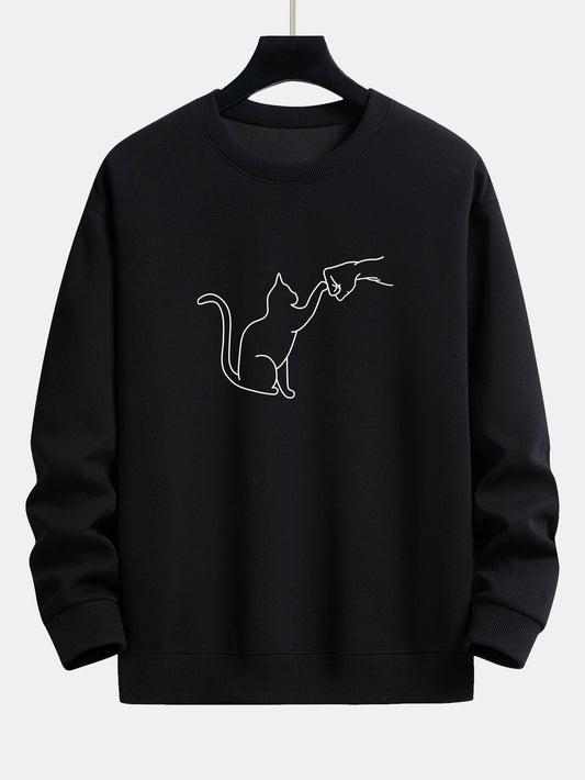 Fist Bump Cat Print Relax Fit Sweatshirt