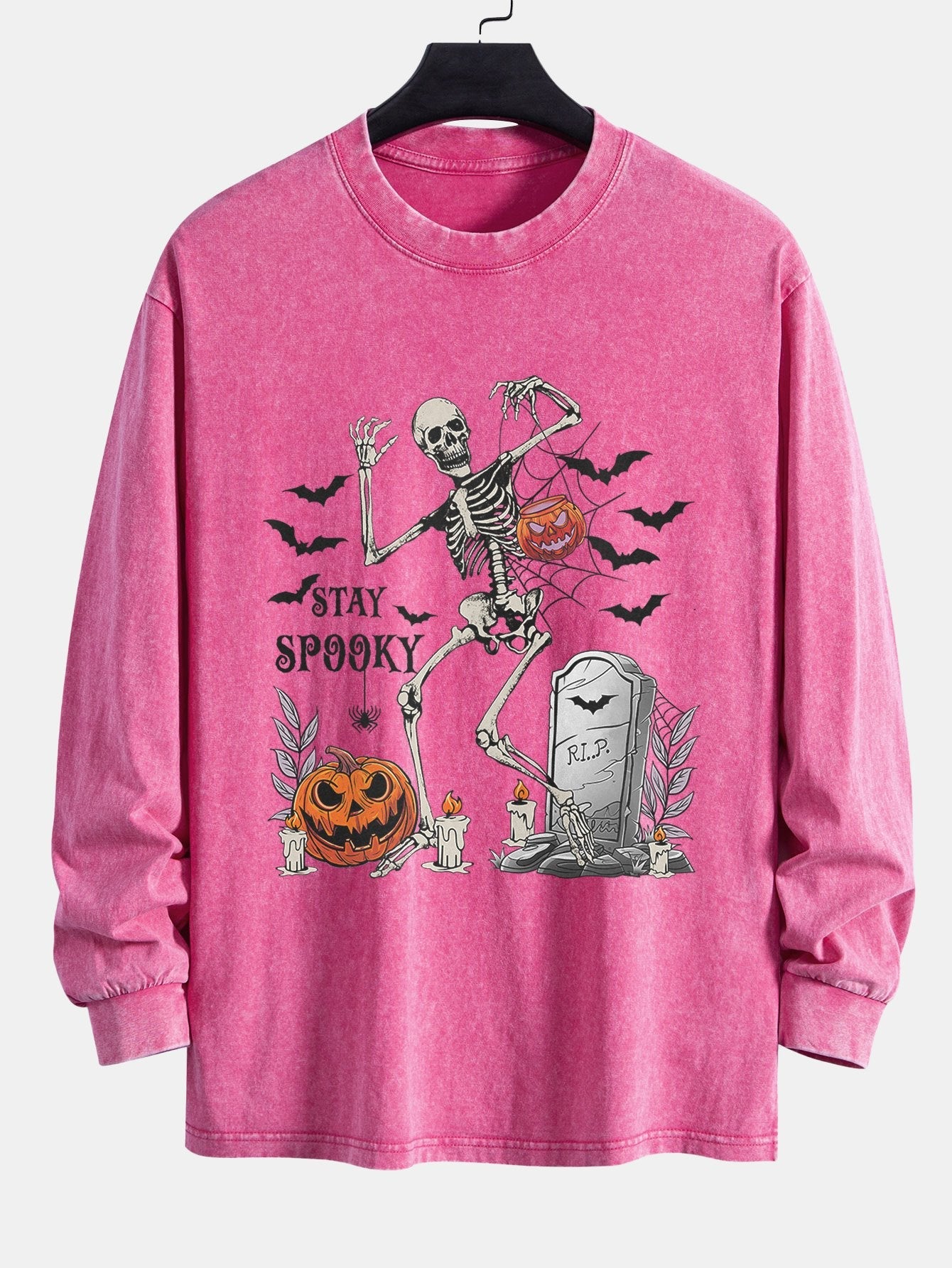 Halloween Skeleton Stay Spooky Print Relax Fit Long Sleeve Washed Distressed T-Shirt