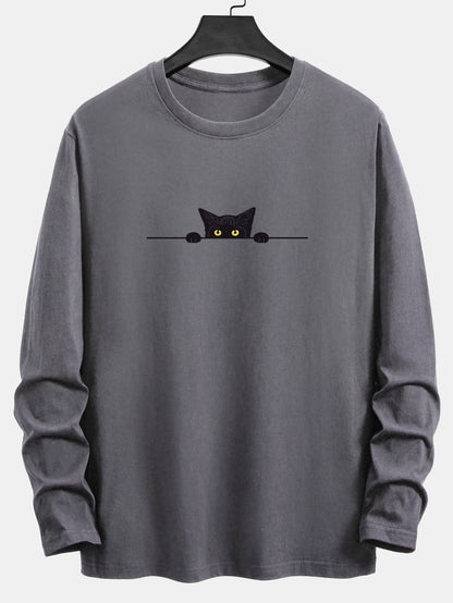 Long Sleeve Black Cat Print Cotton T-Shirt