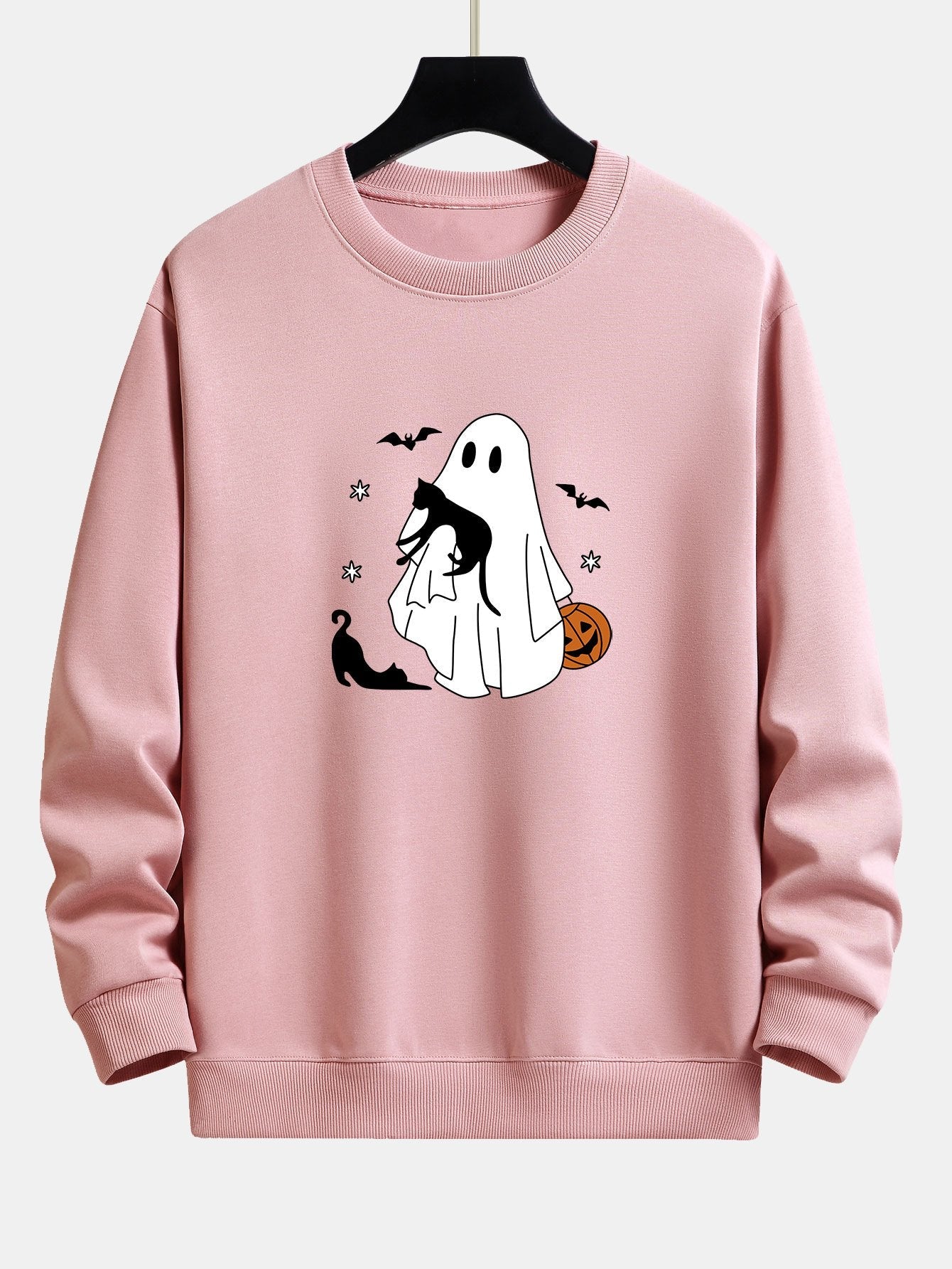 Halloween Ghost Black Cat Print Relax Fit Sweatshirt