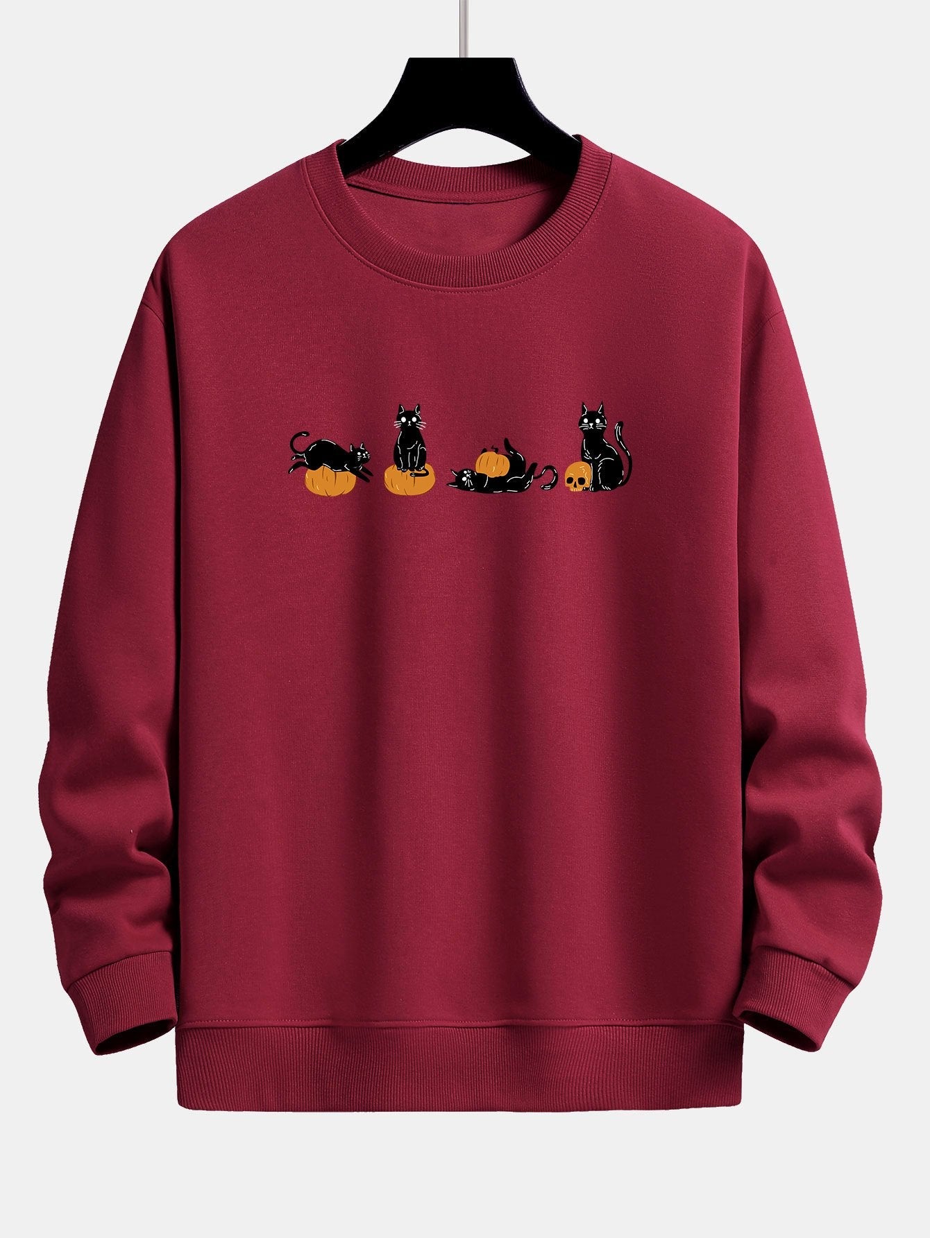 Halloween Pumpkin Black Cat Print Relax Fit Sweatshirt