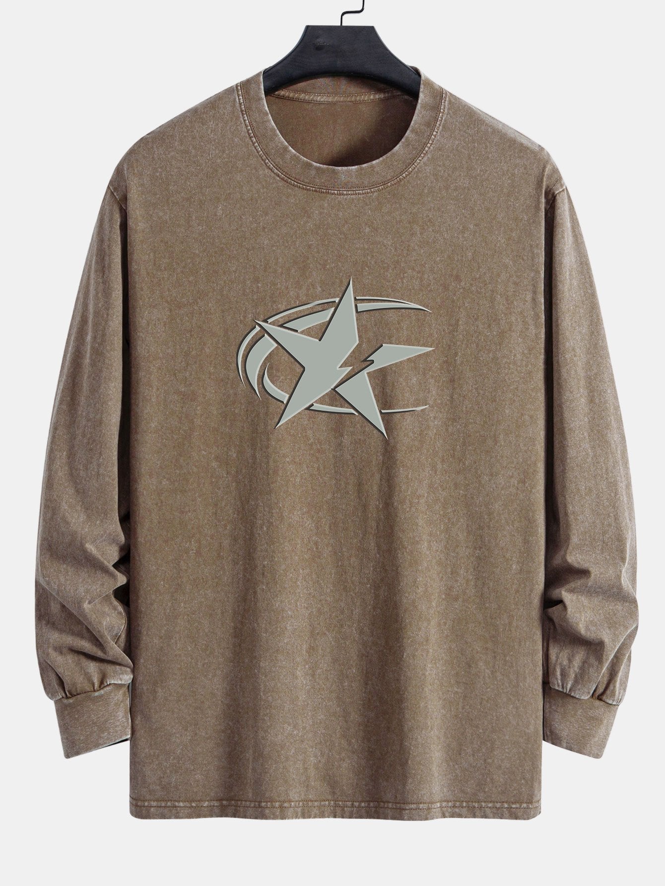 Star Print Relax Fit Long Sleeve Washed Distressed T-Shirt