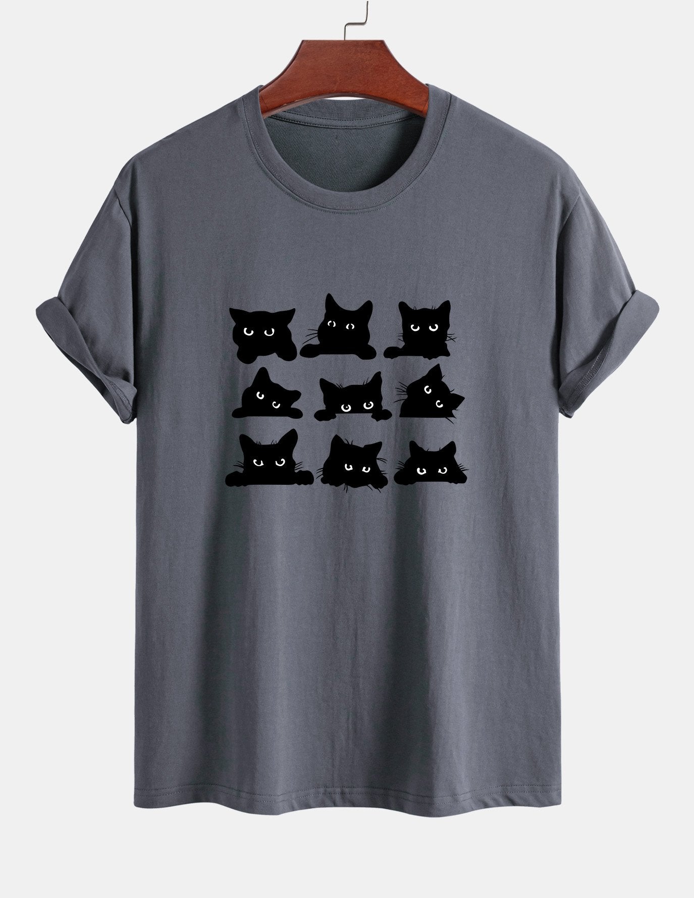 Regular Fit Black Cat Staring Print Cotton T-Shirt