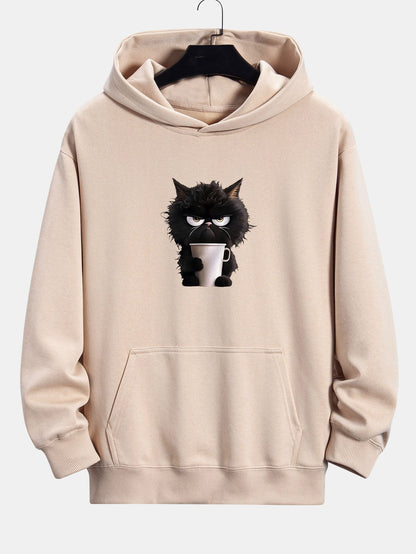 Black Cat Drinking Coffee Print Relax Fit Hoodie